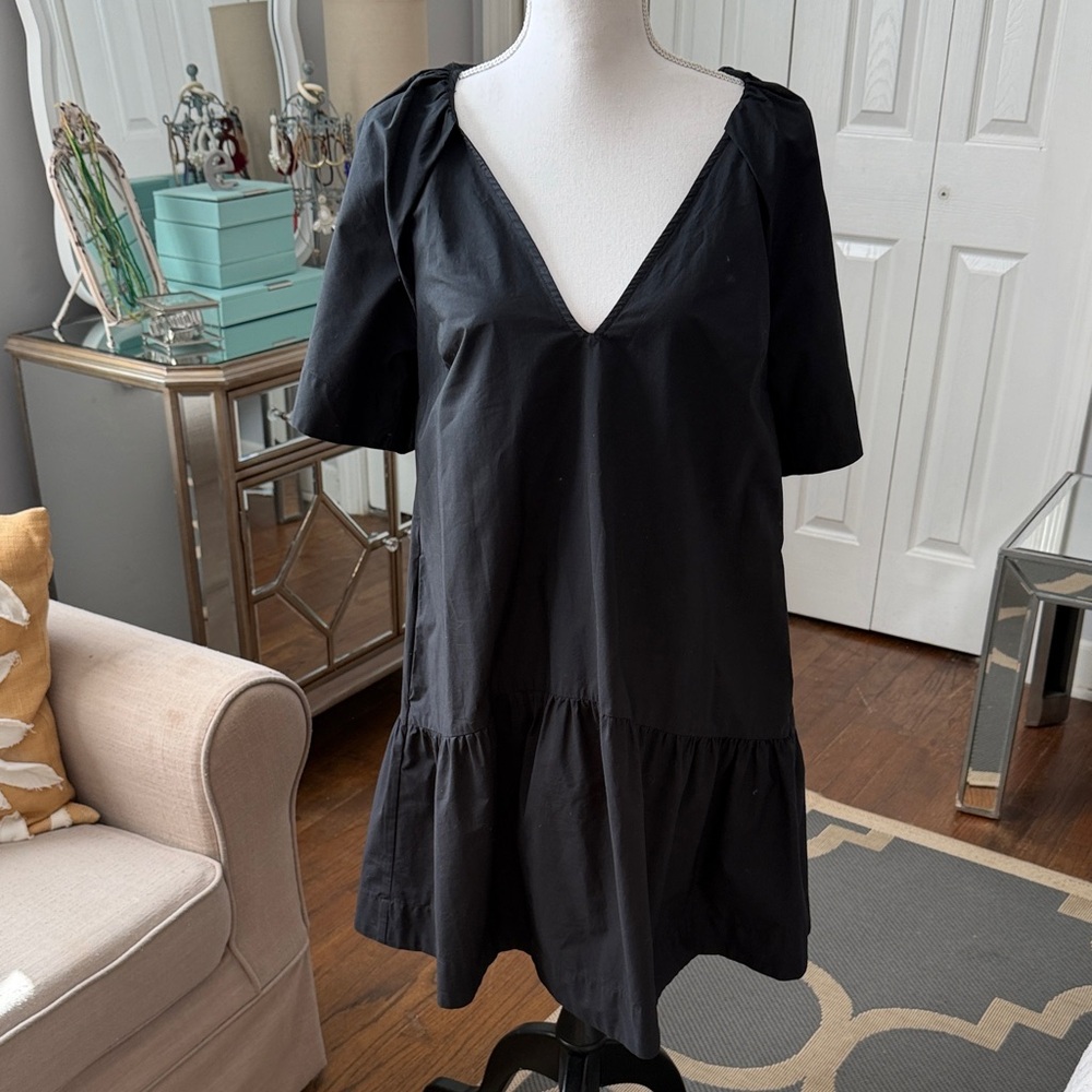 A New Day Black V-Neck Dress w/ Great Sleeves, Lovely Lines w/ Ruffle Tier Hem S